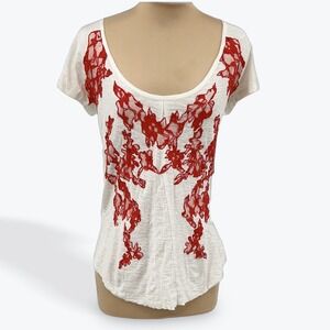 Free People New Romantics White Red Lace Floral Embellished Scoop Neck Tee Shirt